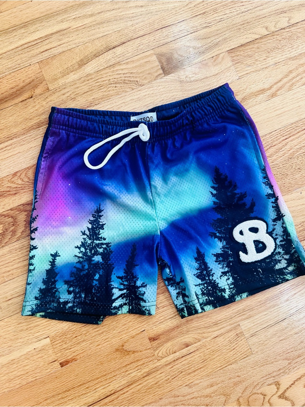 Kids Aurora Forest Print Athletic Shorts - Blue & Purple